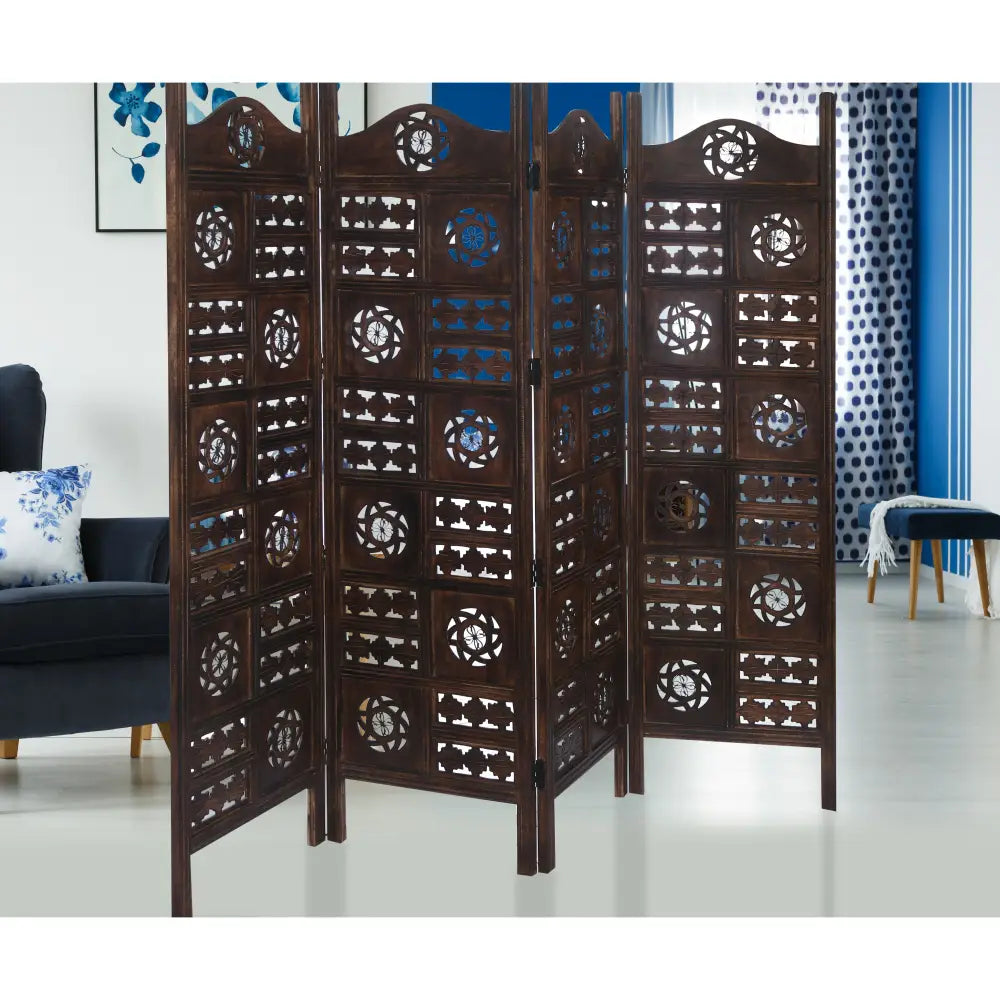 Circle Jali 4 Panel Room Divider Screen Privacy Shoji Timber Wood Stand - Burnt - Furniture > Bedroom > Room Dividers