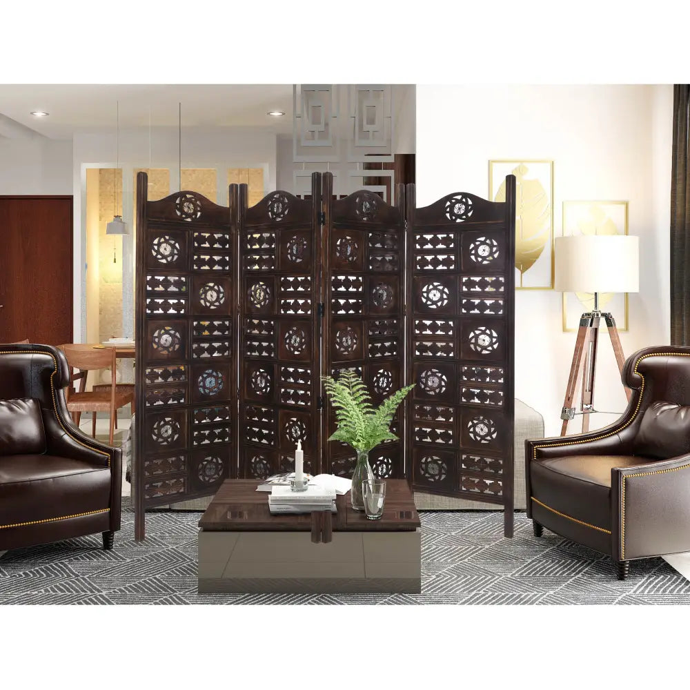 Circle Jali 4 Panel Room Divider Screen Privacy Shoji Timber Wood Stand - Burnt - Furniture > Bedroom > Room Dividers