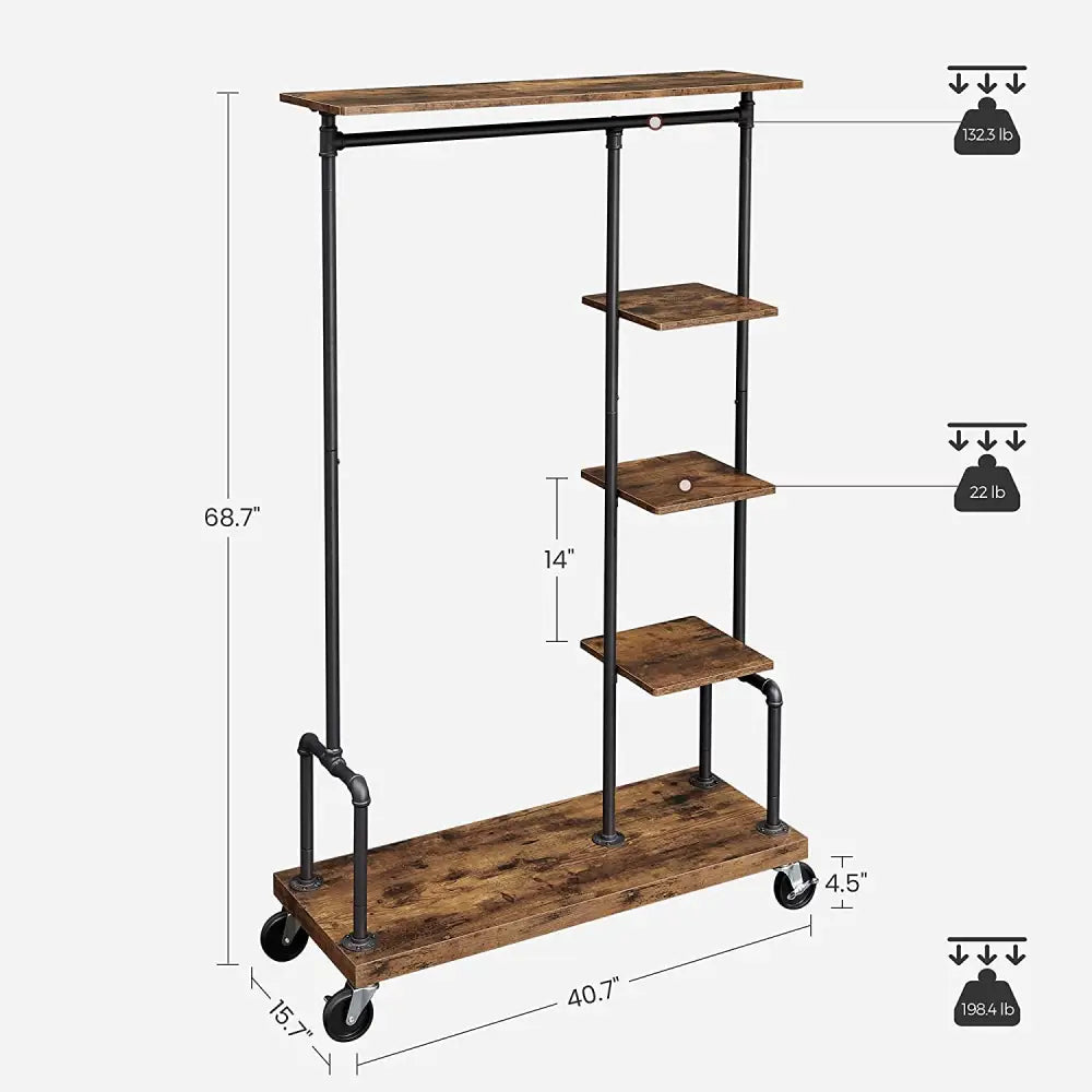 Clothing Garment Rack on Wheels with 5-Tier Industrial Pipe Style Rustic Brown - Furniture > Living Room