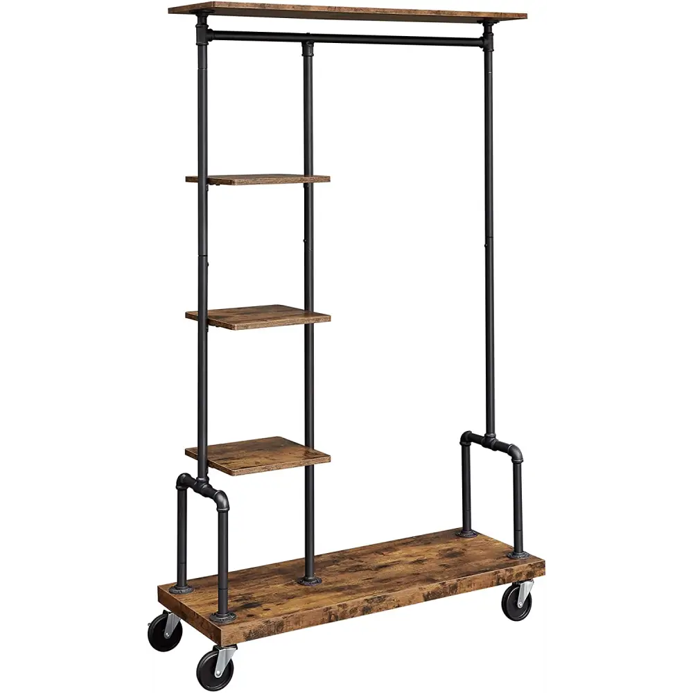 Clothing Garment Rack on Wheels with 5-Tier Industrial Pipe Style Rustic Brown - Furniture > Living Room