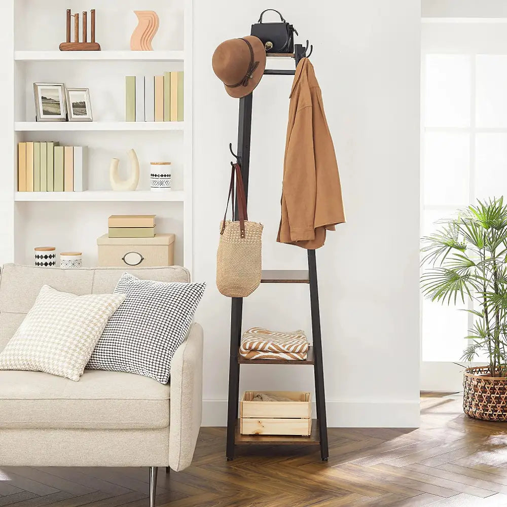 Coat Rack with 3 Shelves with Hooks Rustic Brown and Black - Furniture > Living Room