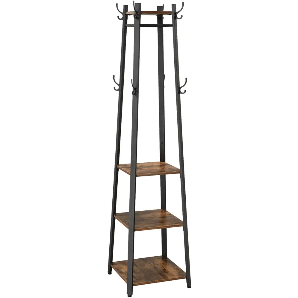 Coat Rack with 3 Shelves with Hooks Rustic Brown and Black - Furniture > Living Room