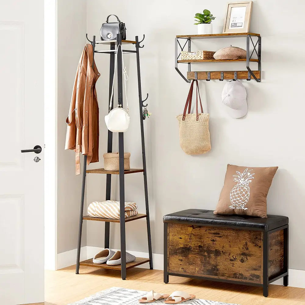 Coat Rack with 3 Shelves with Hooks Rustic Brown and Black - Furniture > Living Room