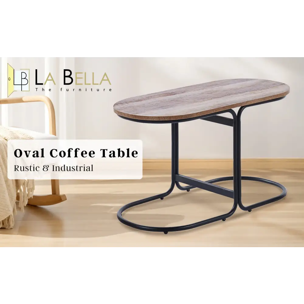 Coffee Table Oval Wooden Top Iron Metal Base Side End Table - Brown - Furniture > Living Room > Coffee Tables