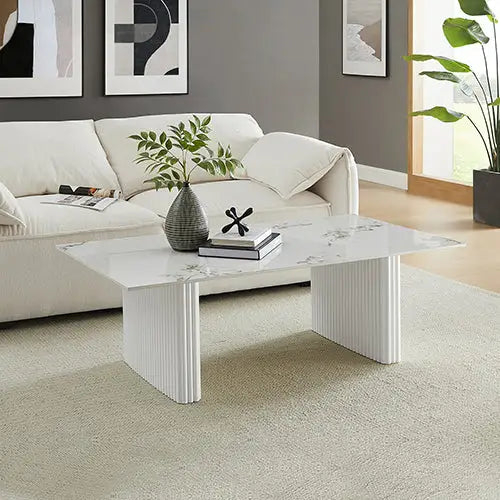 Coffee Table Sintered Stone Top MDF Table Base Glossy White - Furniture > Living Room > Coffee Tables