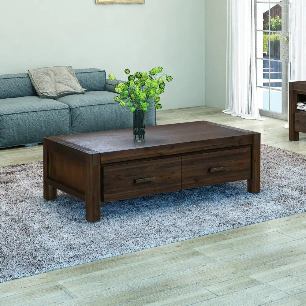 Coffee Table Solid Acacia Wood & Veneer 1 Drawers Storage Chocolate Colour - Furniture > Living Room