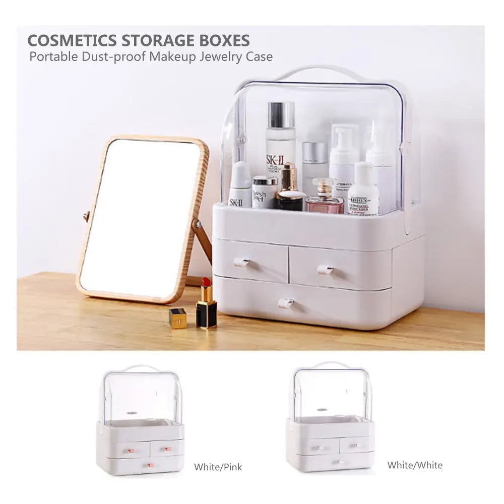 Cosmetics Storage Boxes Portable Dust-proof Makeup Jewelry Case Desktop Drawer(White-White) - Health & Beauty >
