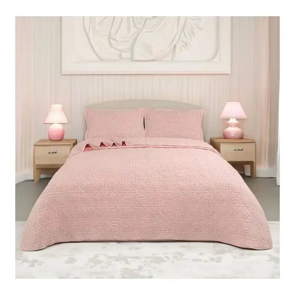 Crystal Rose 100% Cotton Quilted 3 pcs Bedspread Coverlet Set Queen - Home & Garden > Bedding > Quilts & Duvets