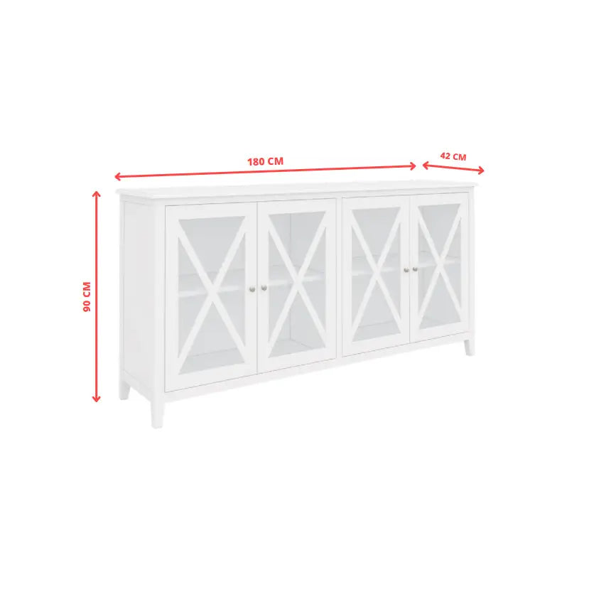 Daisy Buffet Table 180cm 4 Glass Door Solid Acacia Wood Hampton Furniture -White - Furniture > Dining > Dining Tables