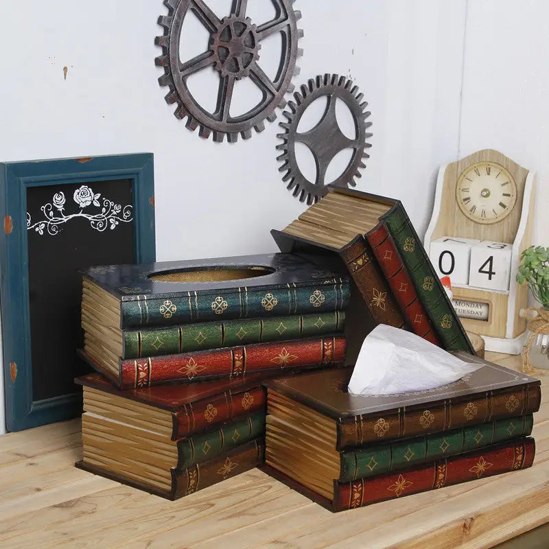 Dark Blue Vintage Wooden Tissue Box - Creative Book-Shaped Tissue Holder for Home and Restaurant - Home & Garden >