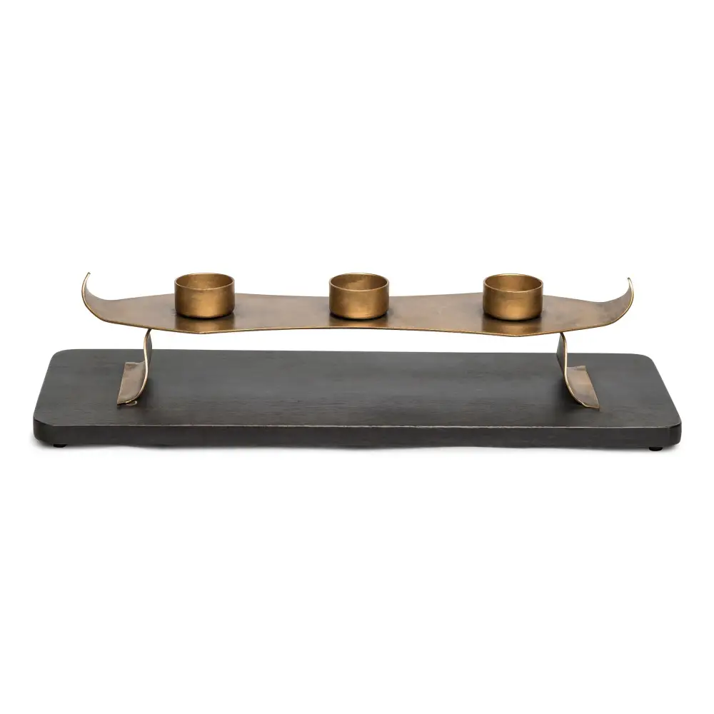 Decorative Black Gold Tea Light Metal Candle Holder Stand with Wooden Base - Home & Garden > Decor