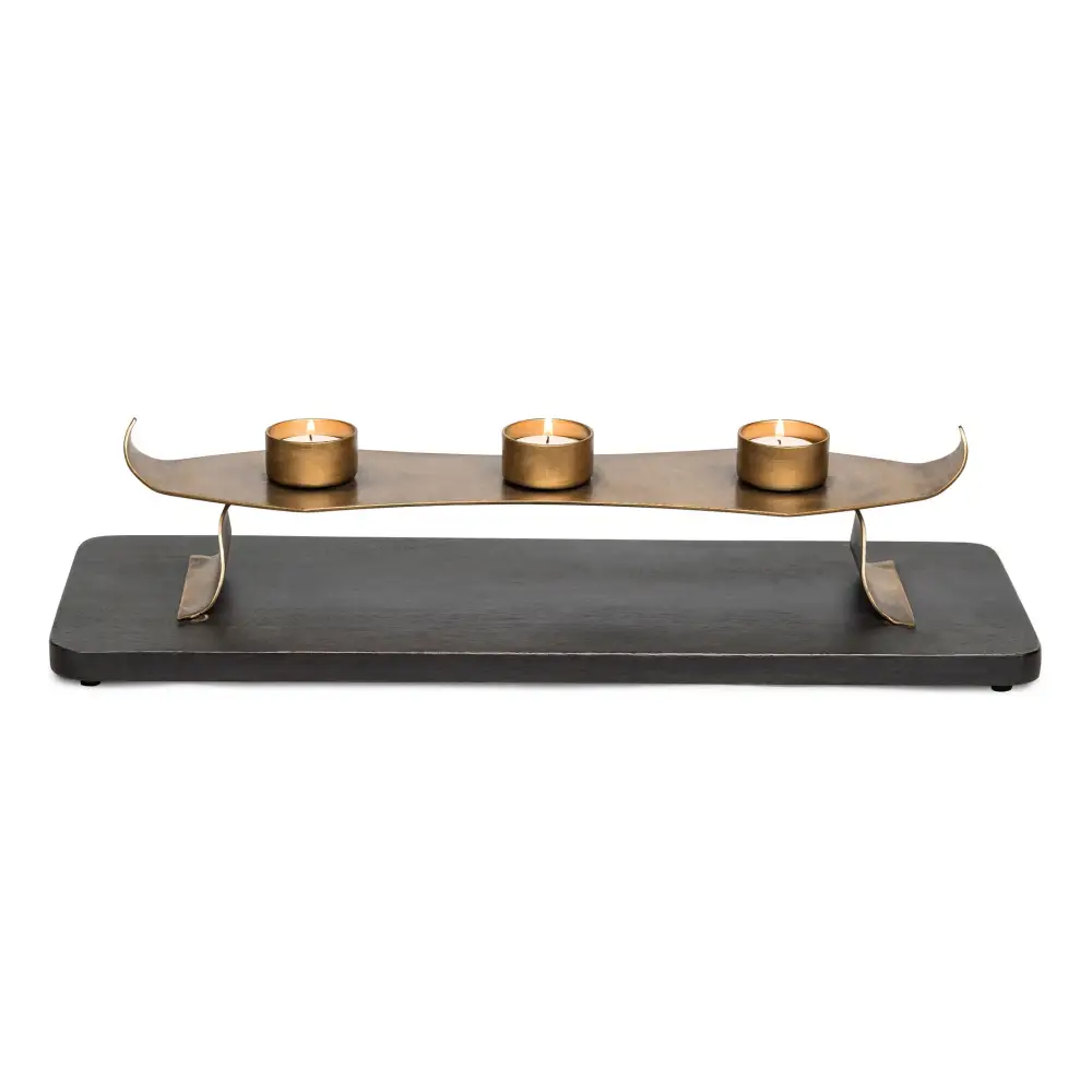 Decorative Black Gold Tea Light Metal Candle Holder Stand with Wooden Base - Home & Garden > Decor