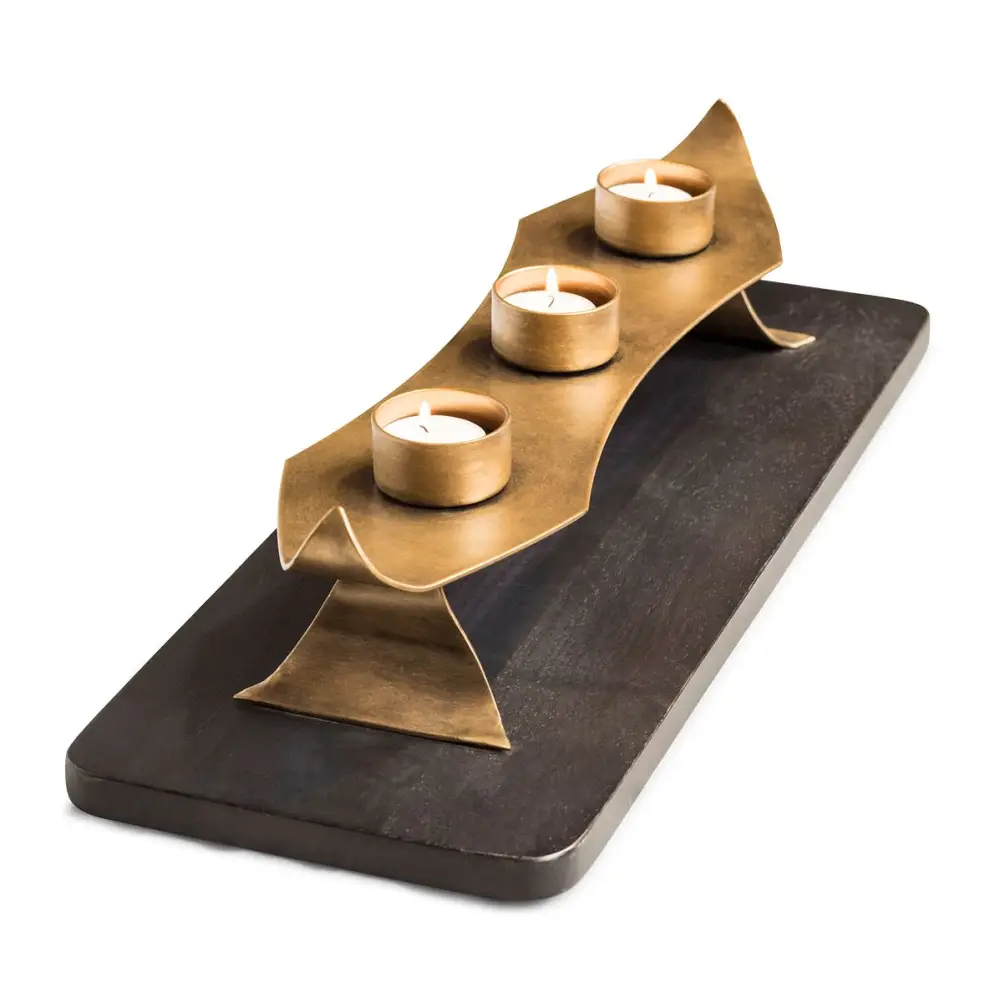 Decorative Black Gold Tea Light Metal Candle Holder Stand with Wooden Base - Home & Garden > Decor