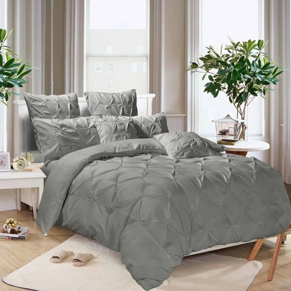 Diamond Pintuck Super King Size Grey Duvet Quilt Cover Set - Home & Garden > Bedding