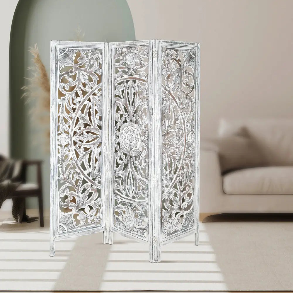 Diego 3 Panel Room Divider Screen Privacy Shoji Timber Wood Stand - White - Furniture > Living Room