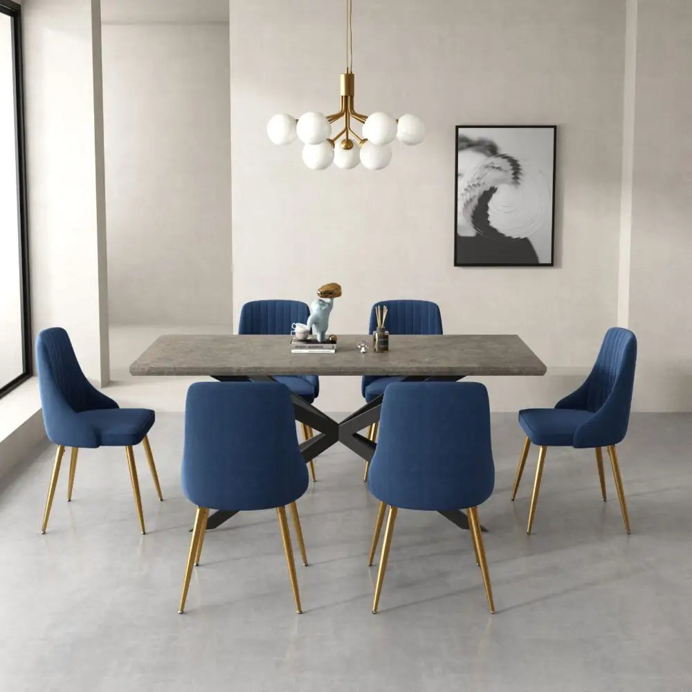 Dining Delight: Rectangular Table and Navy Velvet Chairs Dining Set - Furniture > Dining > Dining Set