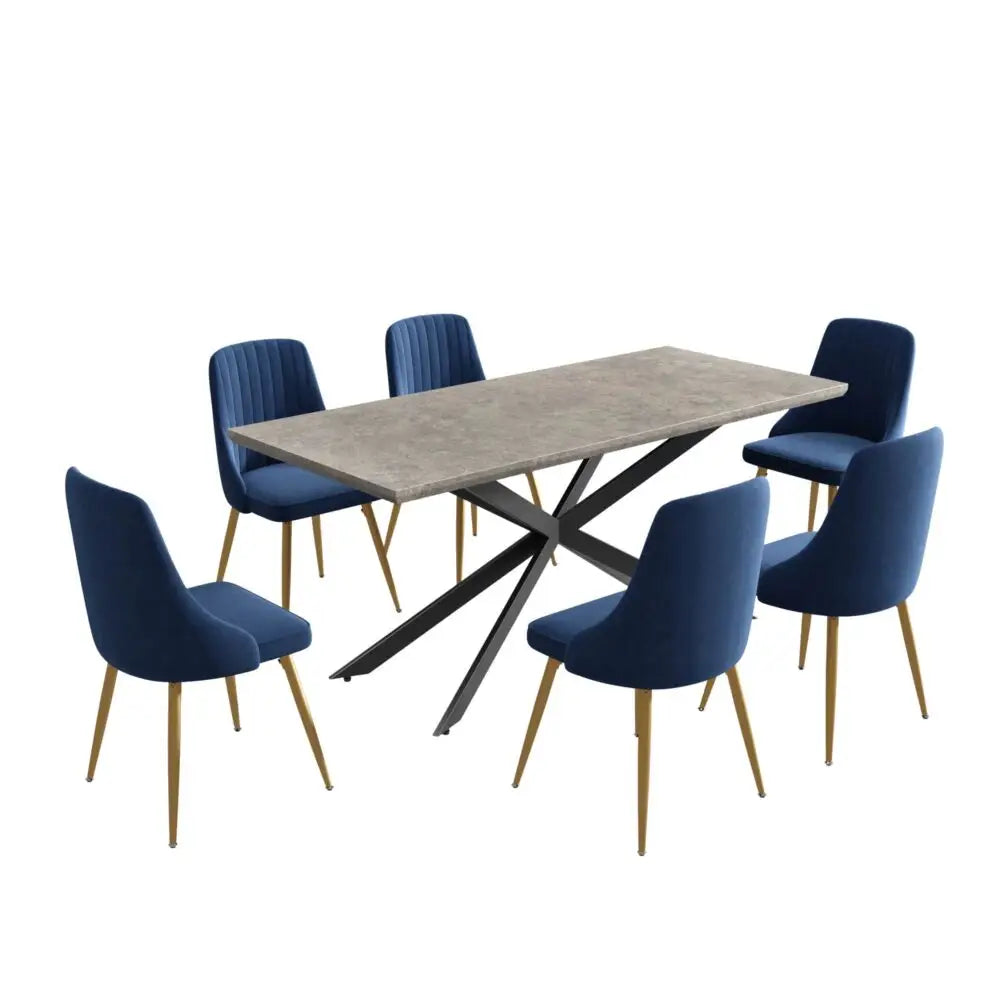 Dining Delight: Rectangular Table and Navy Velvet Chairs Dining Set - Furniture > Dining > Dining Set