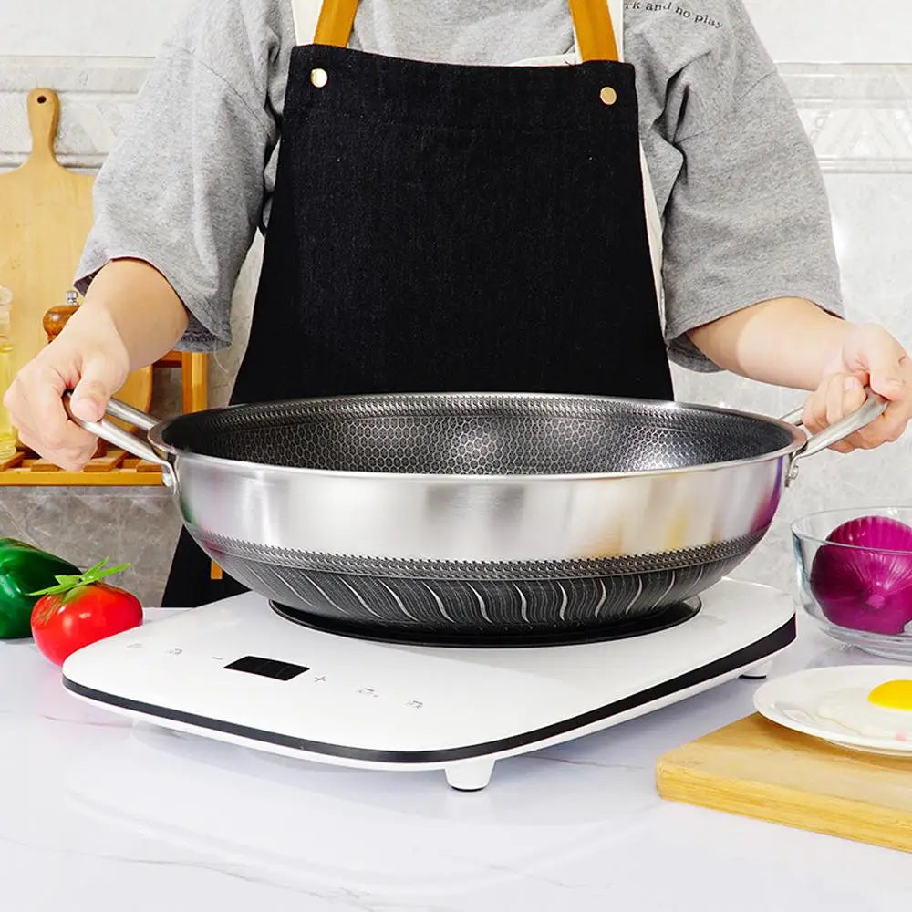 Double Ear 316 Stainless Steel Non-Stick Stir Fry Cooking Kitchen Wok Pan with Lid Honeycomb Double Sided - Home &