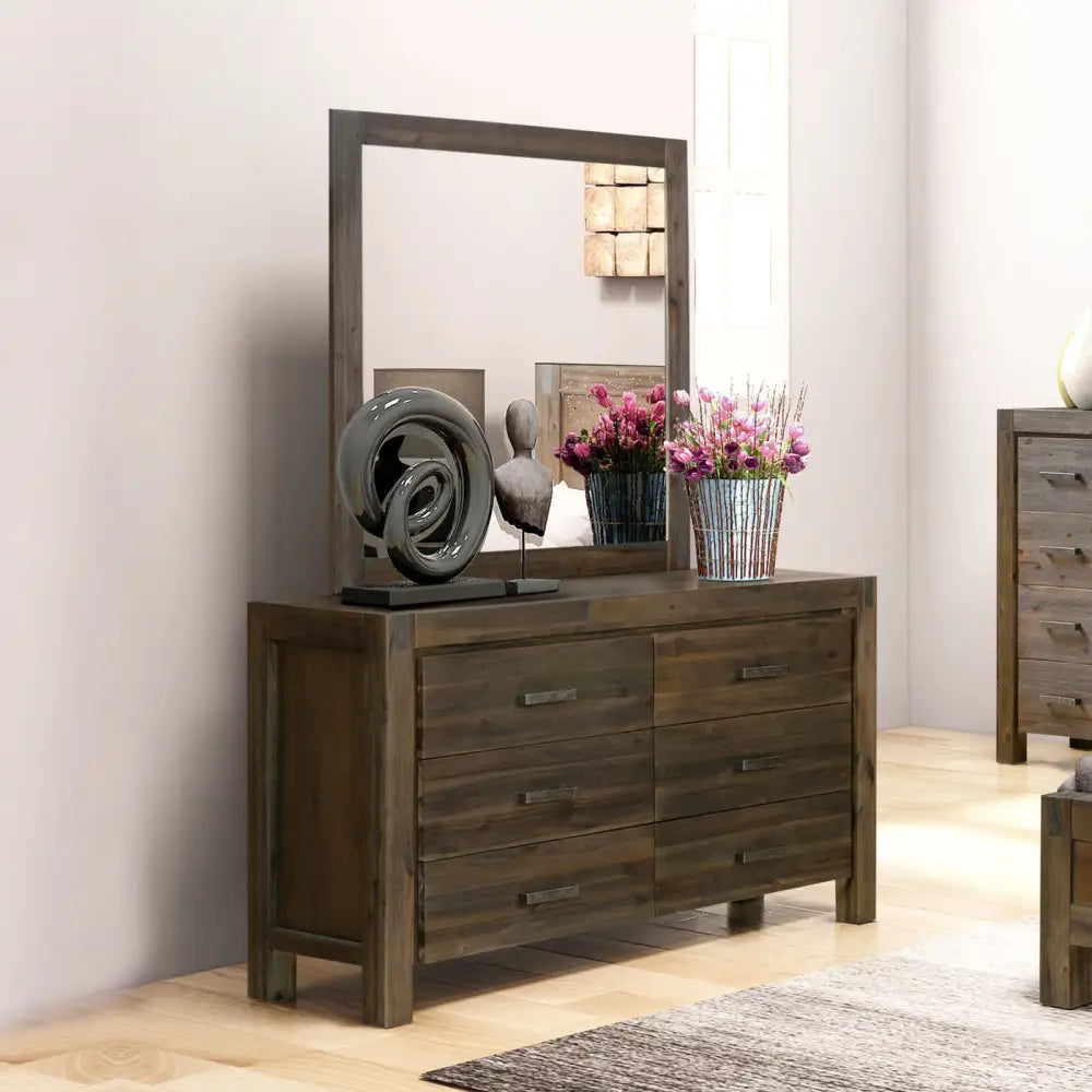 Dresser with 6 Storage Drawers in Solid Acacia & Veneer With Mirror in Chocolate Colour - Health & Beauty > Cosmetic