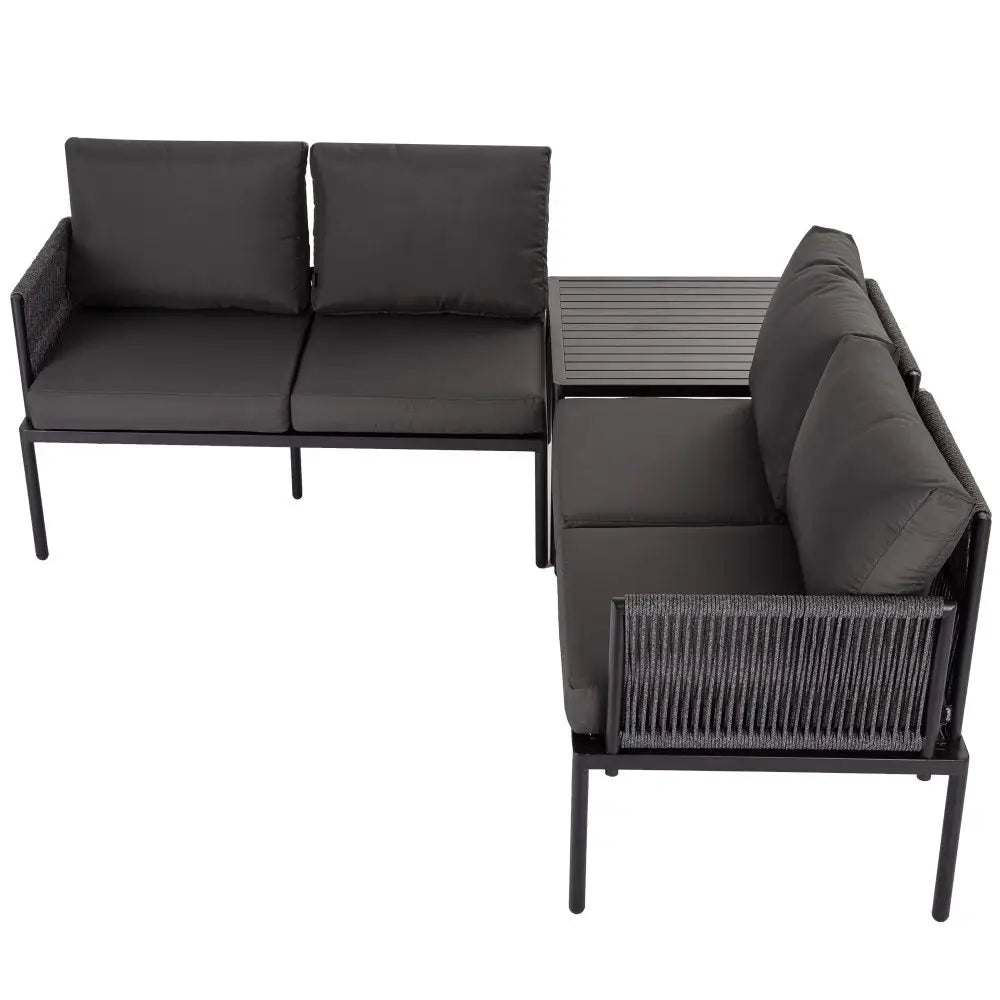 Eden 4-Seater Outdoor Lounge Set with Coffee Table in Black-Stylish Textile and Rope Design - Furniture > Outdoor