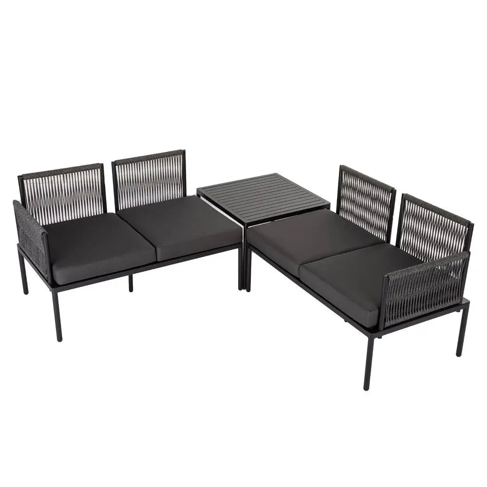 Eden 4-Seater Outdoor Lounge Set with Coffee Table in Black-Stylish Textile and Rope Design - Furniture > Outdoor