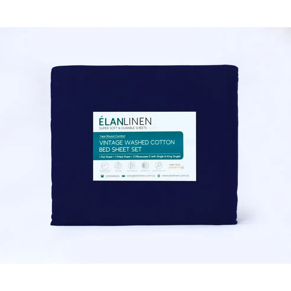 Elan Linen 100% Egyptian Cotton Vintage Washed 500TC Navy Blue Queen Bed Sheets Set - Home & Garden > Bedding