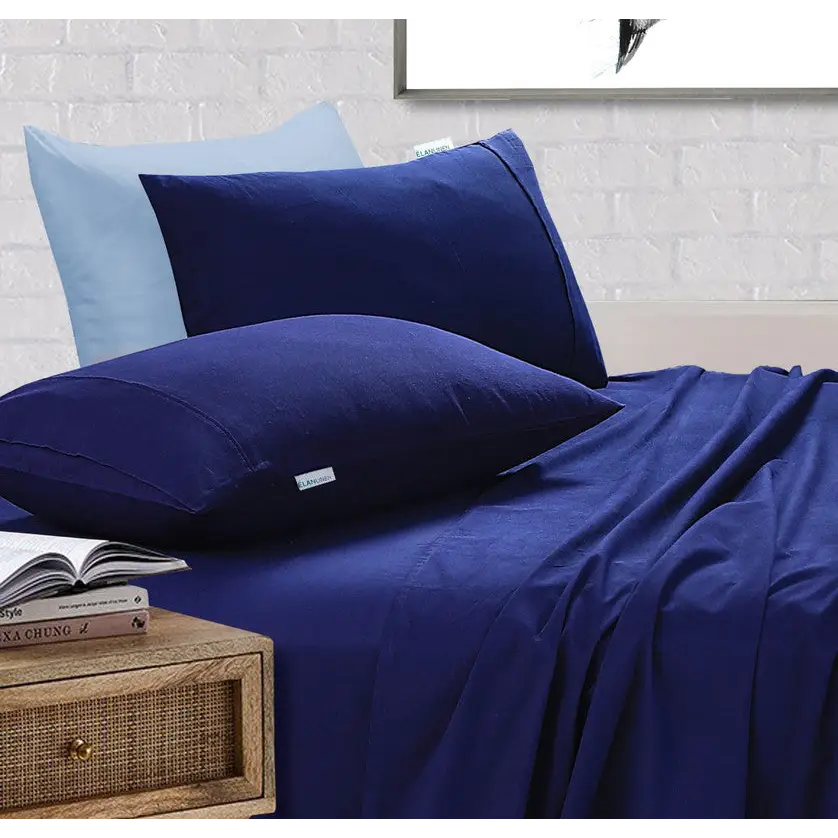 Elan Linen 100% Egyptian Cotton Vintage Washed 500TC Navy Blue Queen Bed Sheets Set - Home & Garden > Bedding