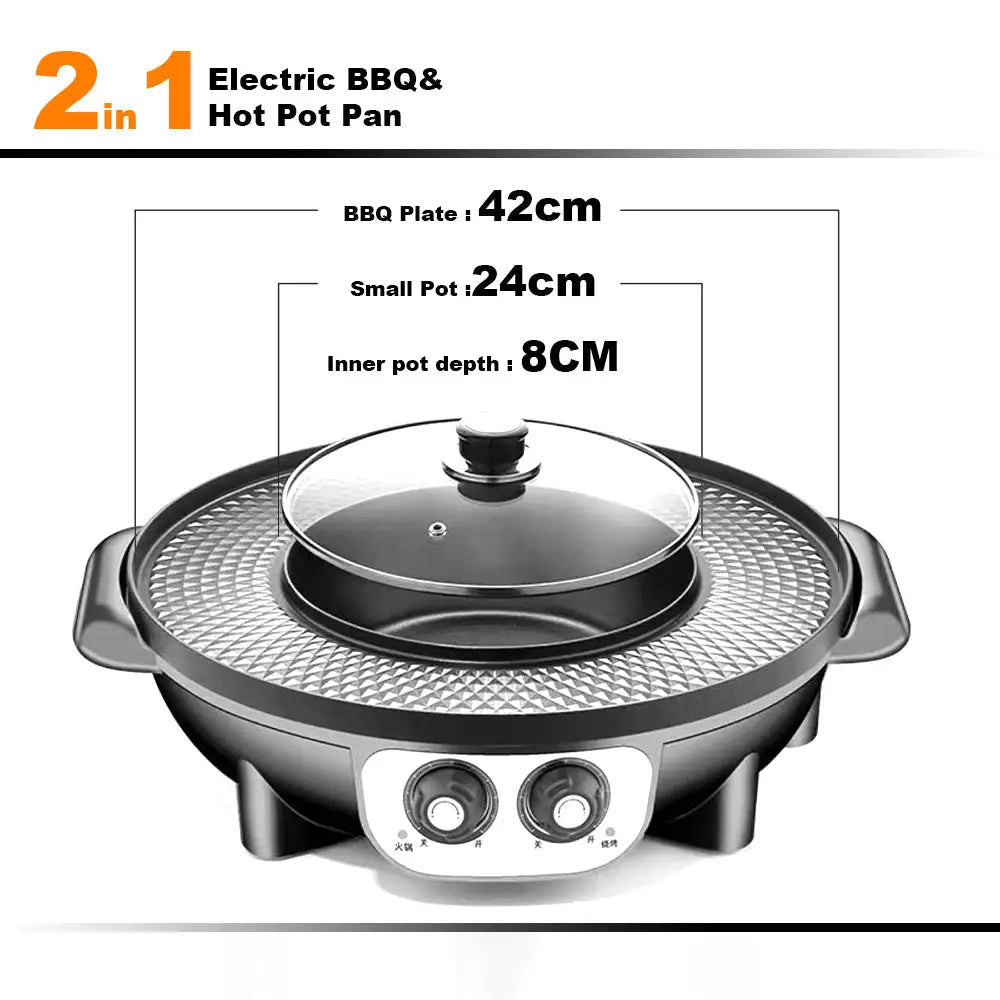 Electric 2 In 1 Non-Stick BBQ Plate Hot Pot Pan For Party Shabu Grill Barbecue 42cm - Appliances > Kitchen Appliances >