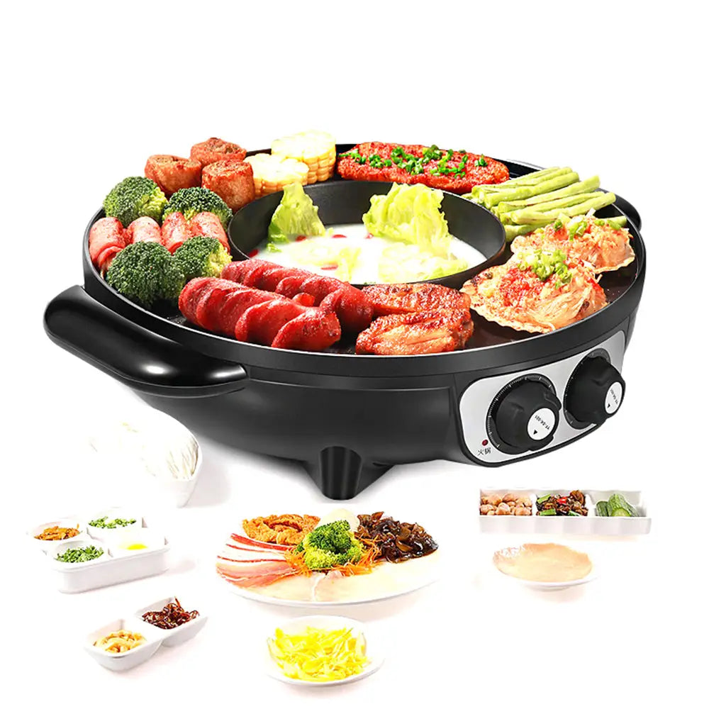 Electric 2 In 1 Non-Stick BBQ Plate Hot Pot Pan For Party Shabu Grill Barbecue 42cm - Appliances > Kitchen Appliances >