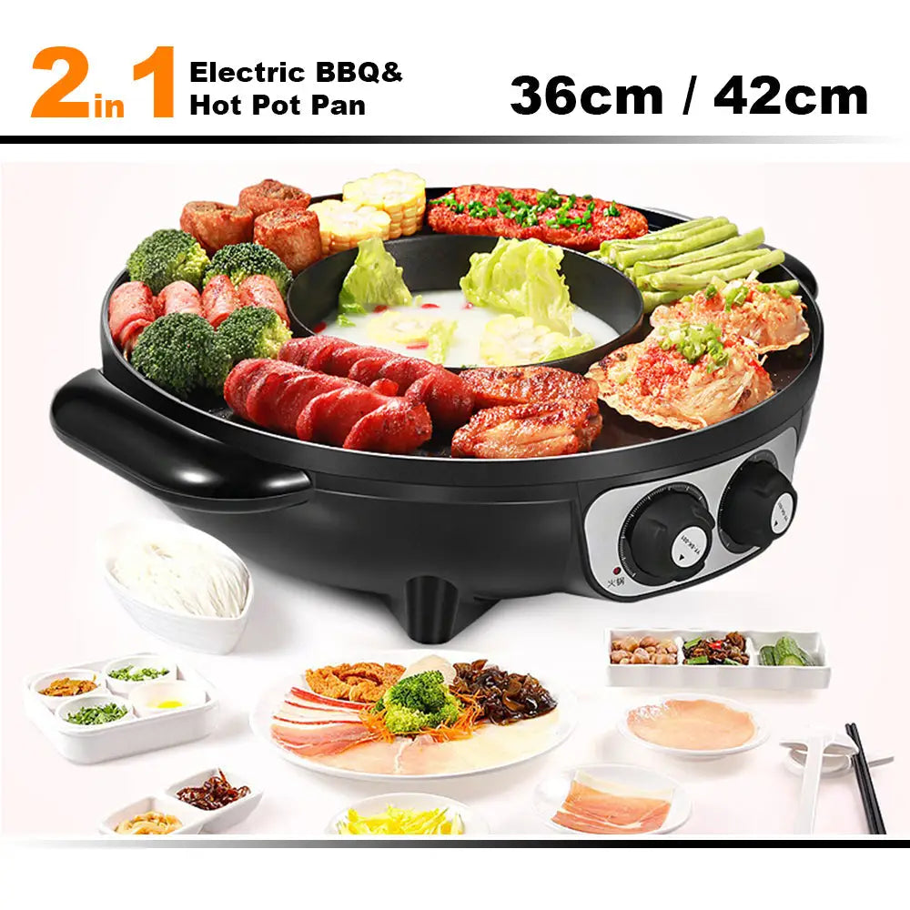 Electric 2 In 1 Non-Stick BBQ Plate Hot Pot Pan For Party Shabu Grill Barbecue 42cm - Appliances > Kitchen Appliances >