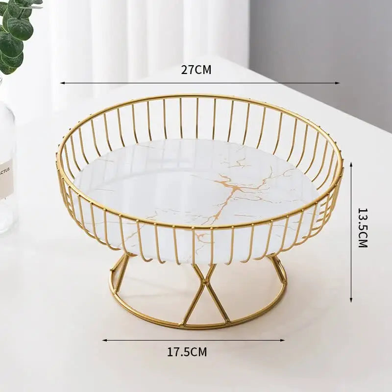 Elegant Iron Art Glass Serving Tray(White Glass) - Round Design with Gold Finish 27*13.5*17.5cm - Home & Garden >
