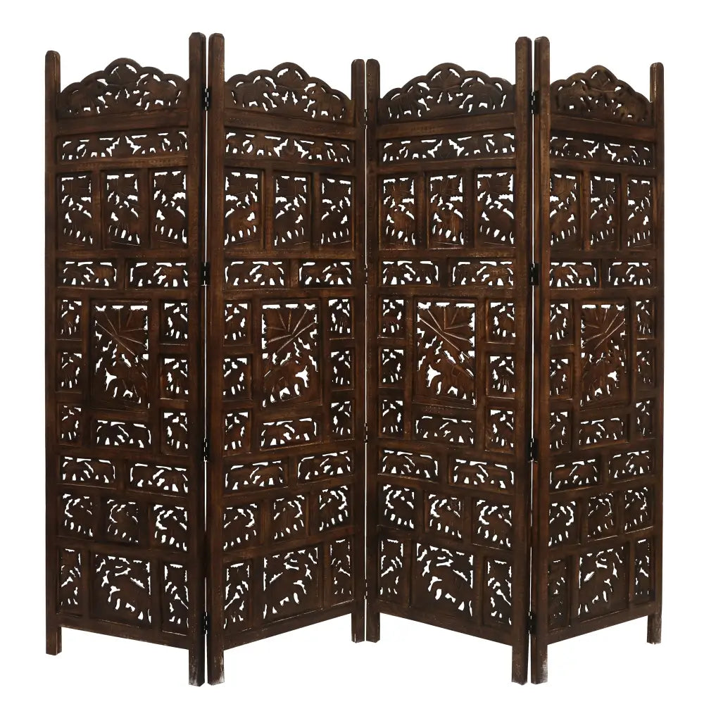 Elephant 4 Panel Room Divider Screen Privacy Shoji Timber Wood Stand - Burnt - Furniture > Bedroom > Room Dividers