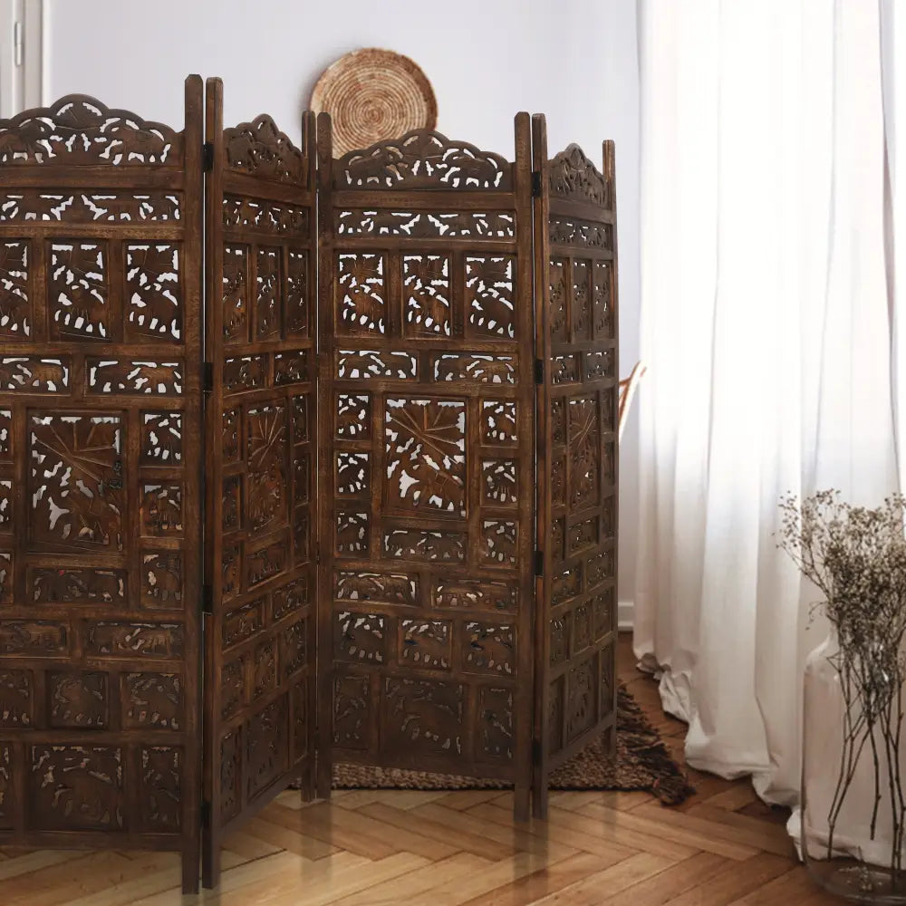 Elephant 4 Panel Room Divider Screen Privacy Shoji Timber Wood Stand - Burnt - Furniture > Bedroom > Room Dividers