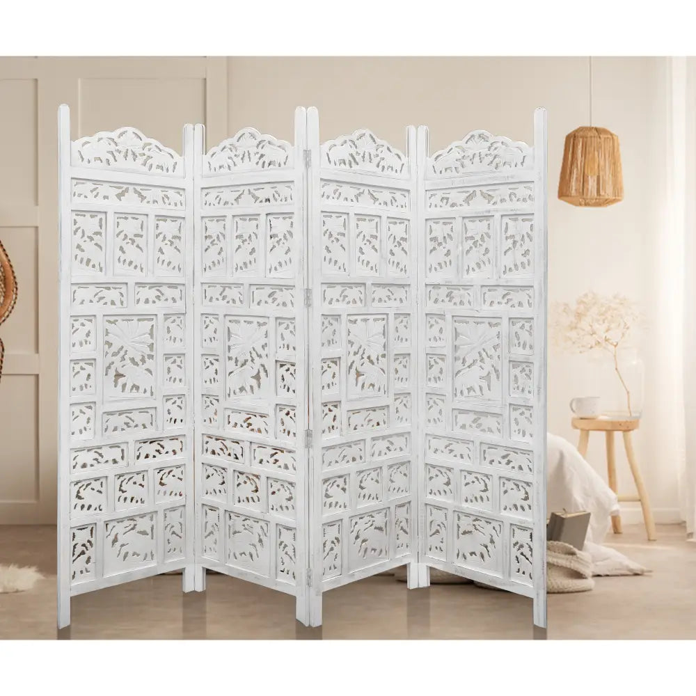 Elephant 4 Panel Room Divider Screen Privacy Shoji Timber Wood Stand - White - Furniture > Bedroom > Room Dividers