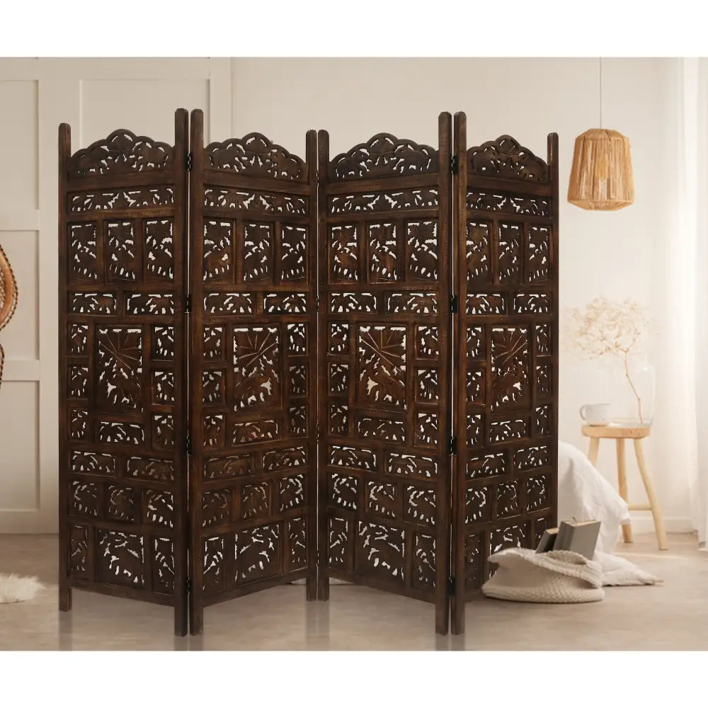 Elephant 4 Panel Room Divider Screen Privacy Shoji Timber Wood Stand - Burnt - Furniture > Bedroom > Room Dividers