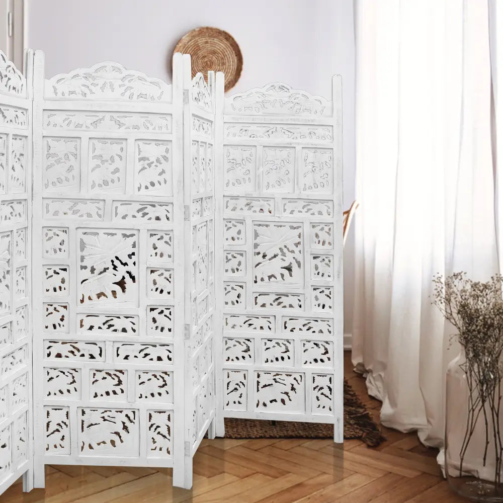 Elephant 4 Panel Room Divider Screen Privacy Shoji Timber Wood Stand - White - Furniture > Bedroom > Room Dividers