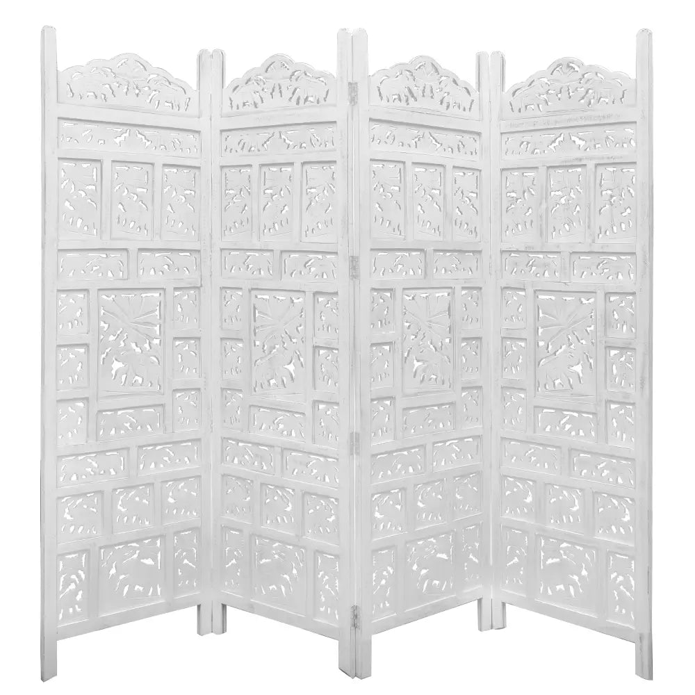 Elephant 4 Panel Room Divider Screen Privacy Shoji Timber Wood Stand - White - Furniture > Bedroom > Room Dividers