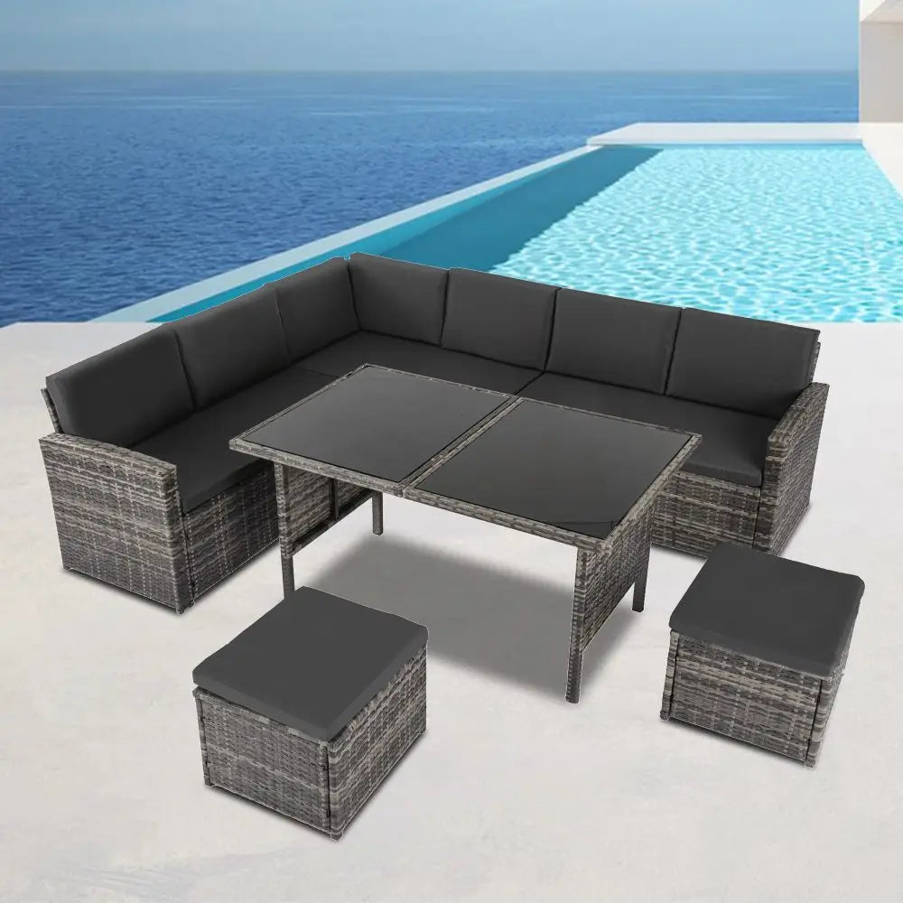 Ella 8-Seater Modular Outdoor Garden Lounge and Dining Set with Table and Stools in Dark Grey Weave - Furniture >