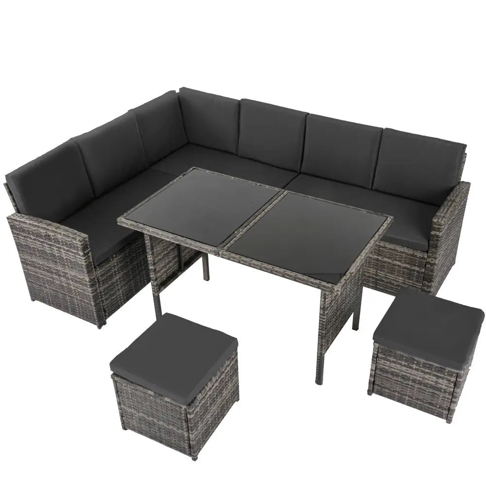 Ella 8-Seater Modular Outdoor Garden Lounge and Dining Set with Table and Stools in Dark Grey Weave - Furniture >
