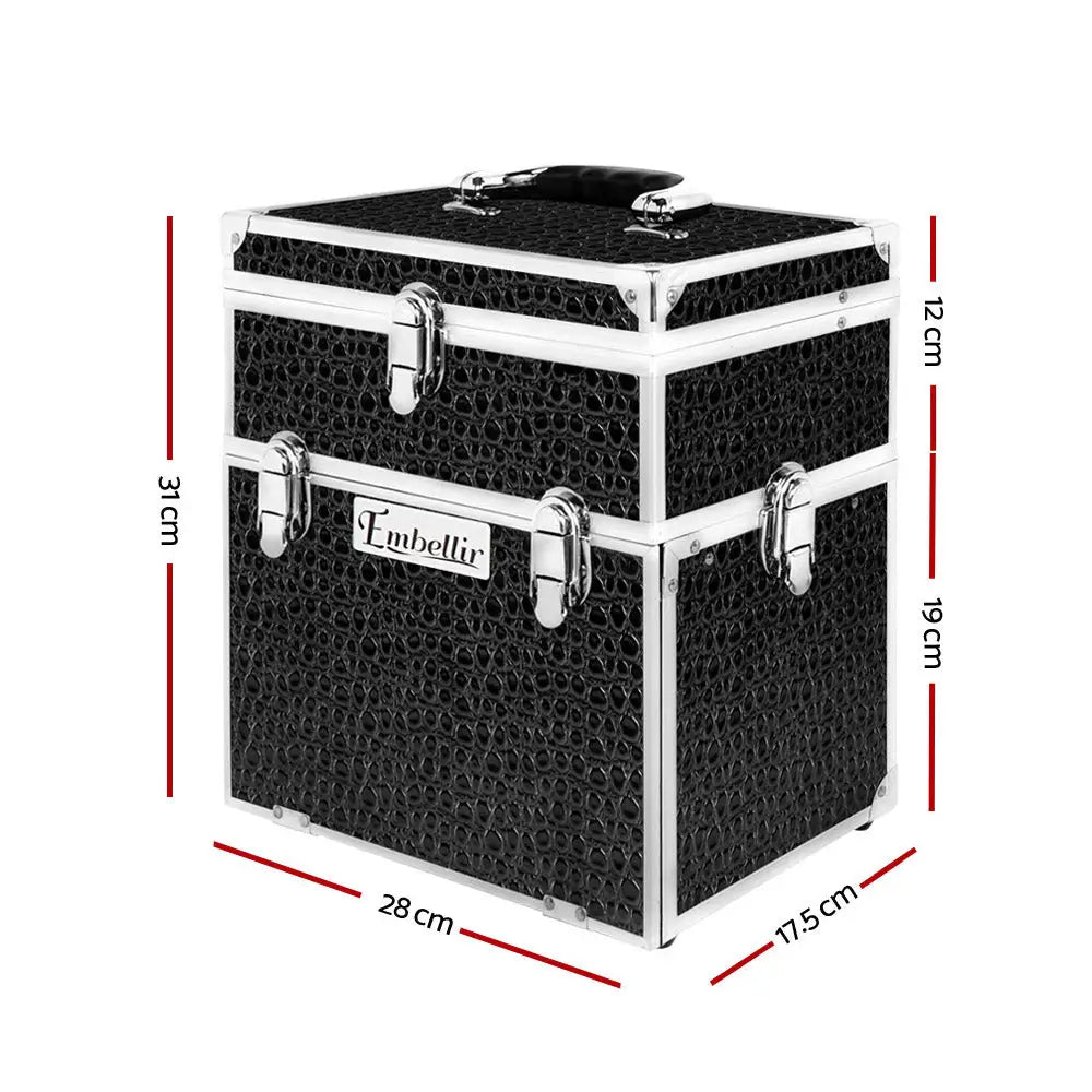 Embellir Portable Cosmetic Beauty Makeup Carry Case with Mirror - Crocodile Black - Health & Beauty > Cosmetic Storage