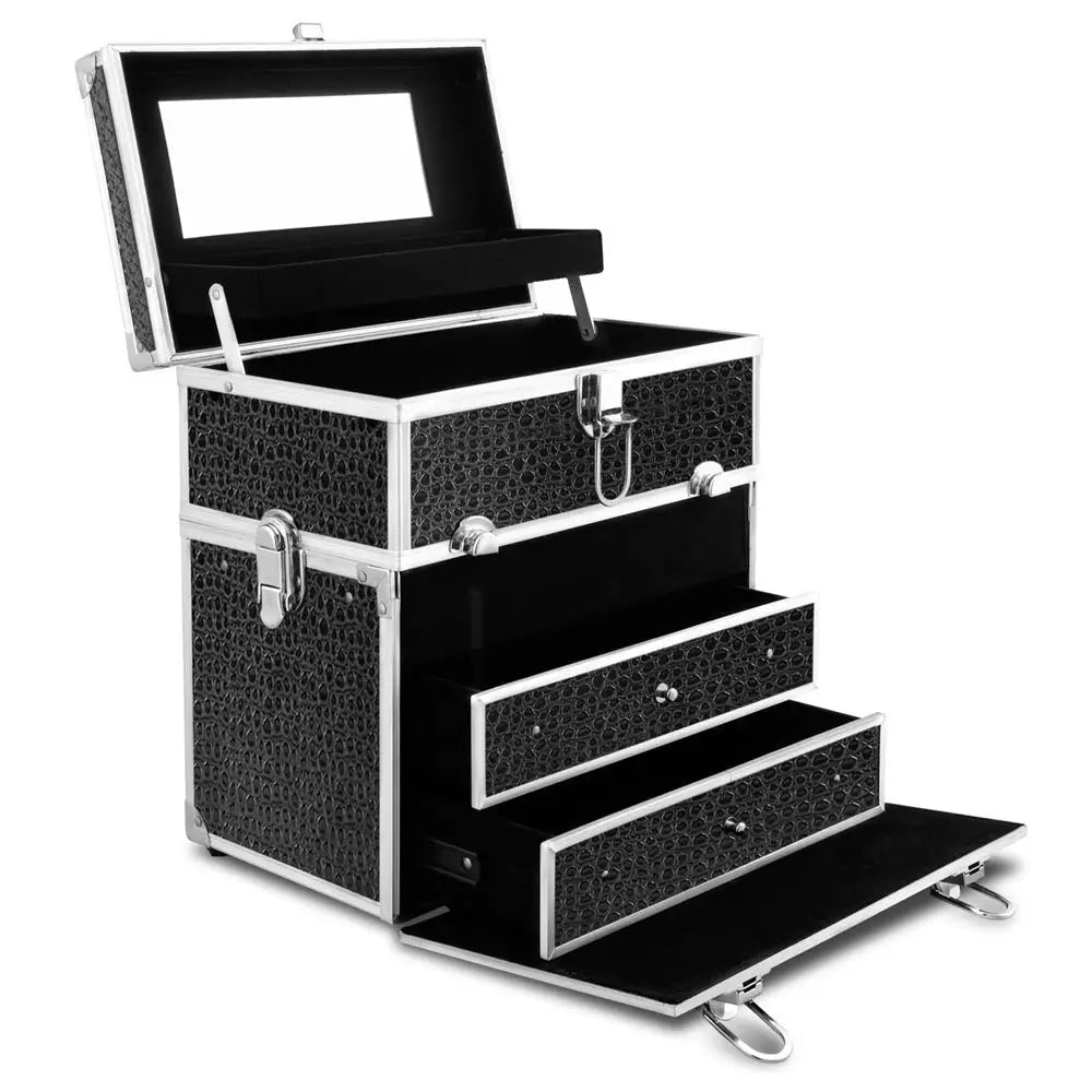 Embellir Portable Cosmetic Beauty Makeup Carry Case with Mirror - Crocodile Black - Health & Beauty > Cosmetic Storage