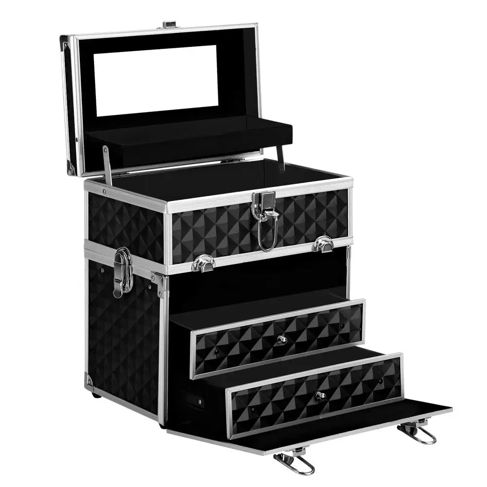 Embellir Portable Cosmetic Beauty Makeup Carry Case with Mirror - Diamond Black - Health & Beauty > Cosmetic Storage >