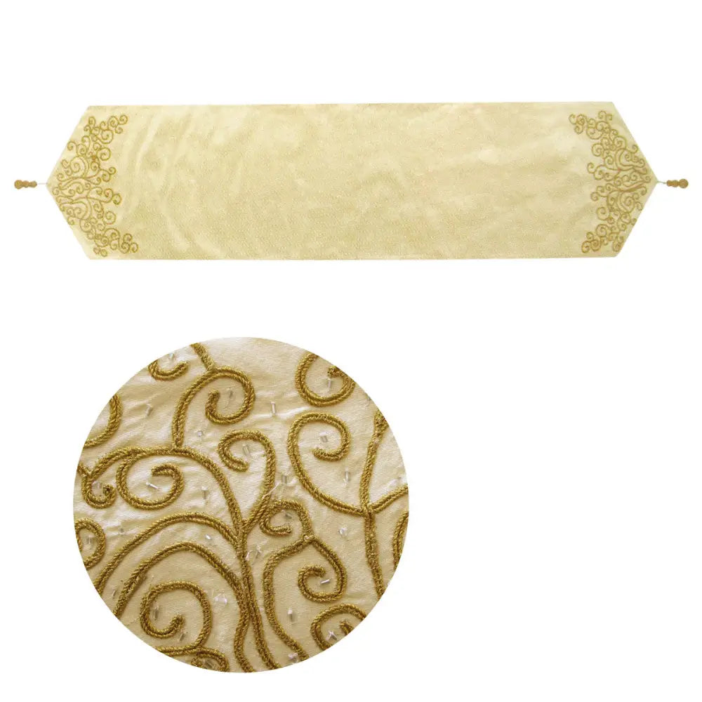 Embroidered Faux Silk Table Runner 33 x 135 cm Eve Cream Gold - Home & Garden > Kitchenware