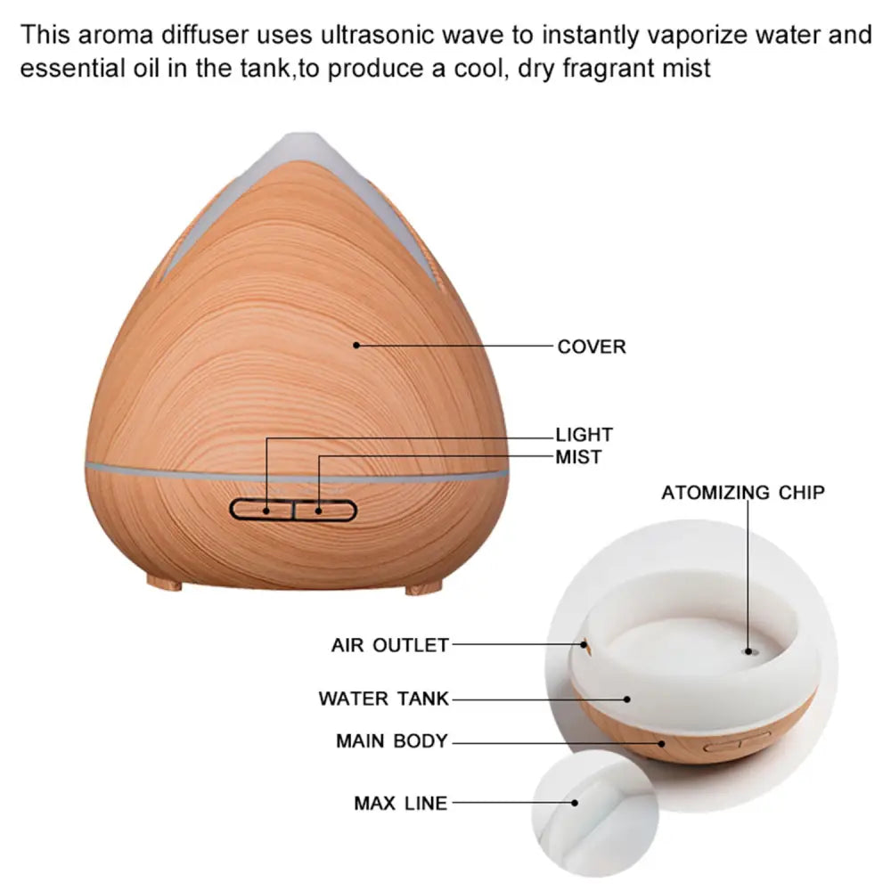 Essential Oils Ultrasonic Aromatherapy Diffuser Air Humidifier Purify 400ML - Light Wood - Appliances > Aroma Diffusers