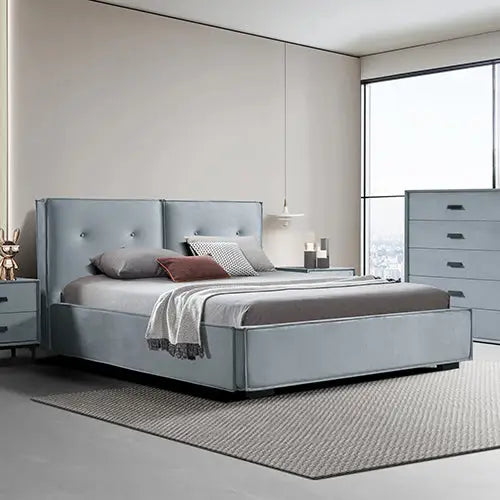 Estella Queen Fabric 4pc Bedroom Suite With Linear Division & Button Studding Headboard - Furniture > Bedroom > Beds &