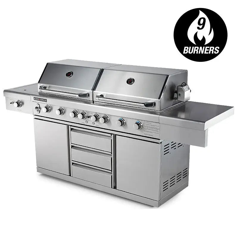 EuroGrille 9 Burner Outdoor BBQ Grill Barbeque Gas Stainless Steel Kitchen Commercial - Home & Garden > BBQ > BBQs &