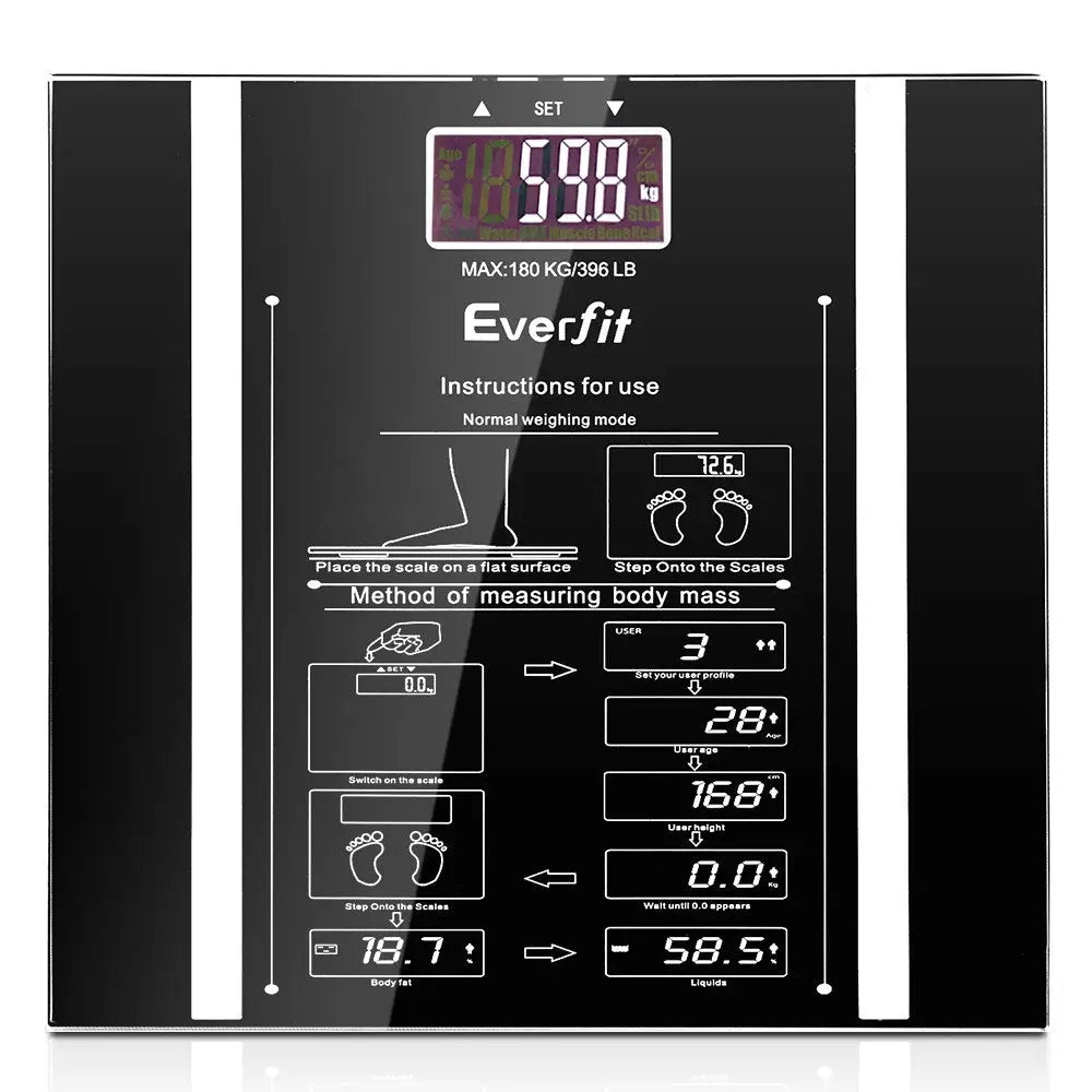Everfit Body Fat Bathroom Scale Weighing Water Body Fat Gym 180KG - Home & Garden > Scales > Bathroom Scales