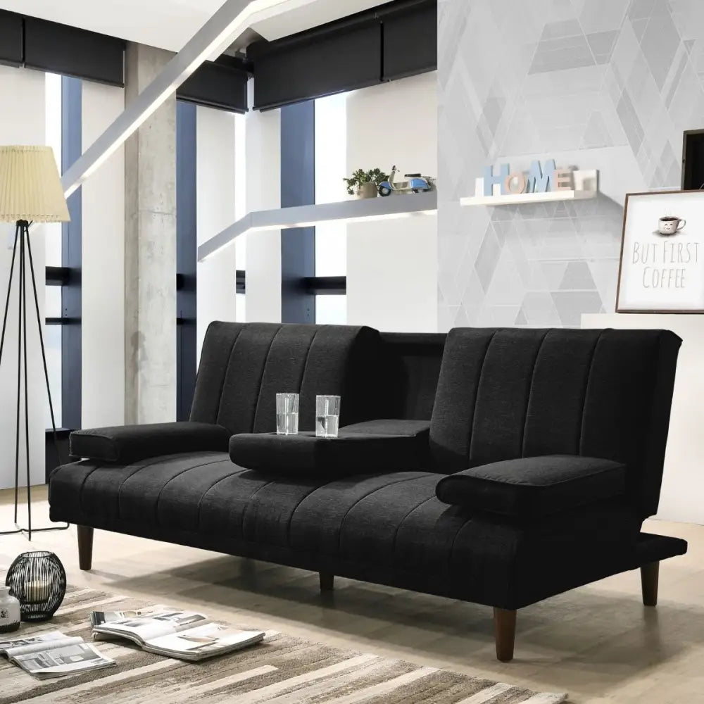 Fabric Sofa Bed with Cup Holder 3 Seater Lounge Couch - Charcoal - Furniture > Bar Stools & Chairs > Arm Chairs &