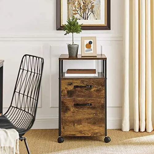 File Cabinet with 2 Drawers Wheels and Open Compartment Rustic Brown and Black - Home & Garden > Home Office