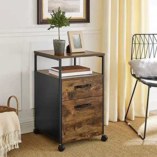 File Cabinet with 2 Drawers Wheels and Open Compartment Rustic Brown and Black - Home & Garden > Home Office